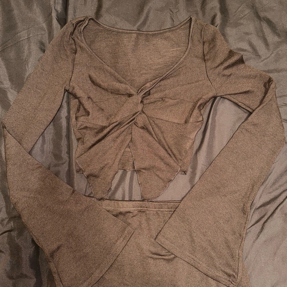 SHEIN Brown Long Sleeve Tie Front Crop Blouse